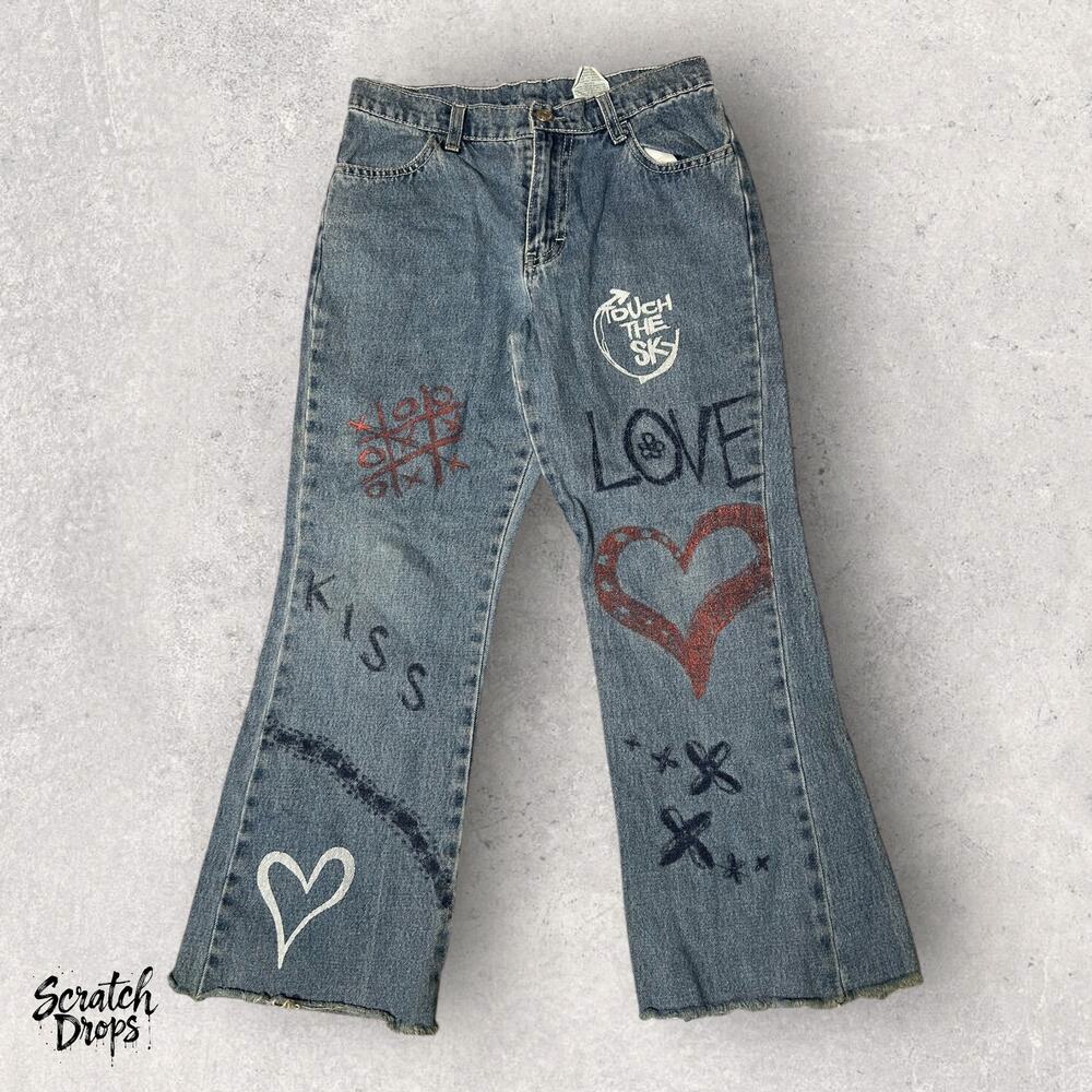 Vintage Jordache Girls Jeans Size 12 Distressed Graffiti Retro Kiss Heart Design
